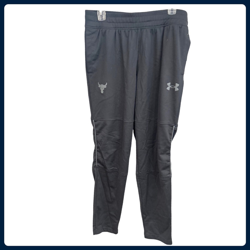 Under Armour Project Rock Mens Black Track Pant Brahma Bull Logo Loose Fit Large